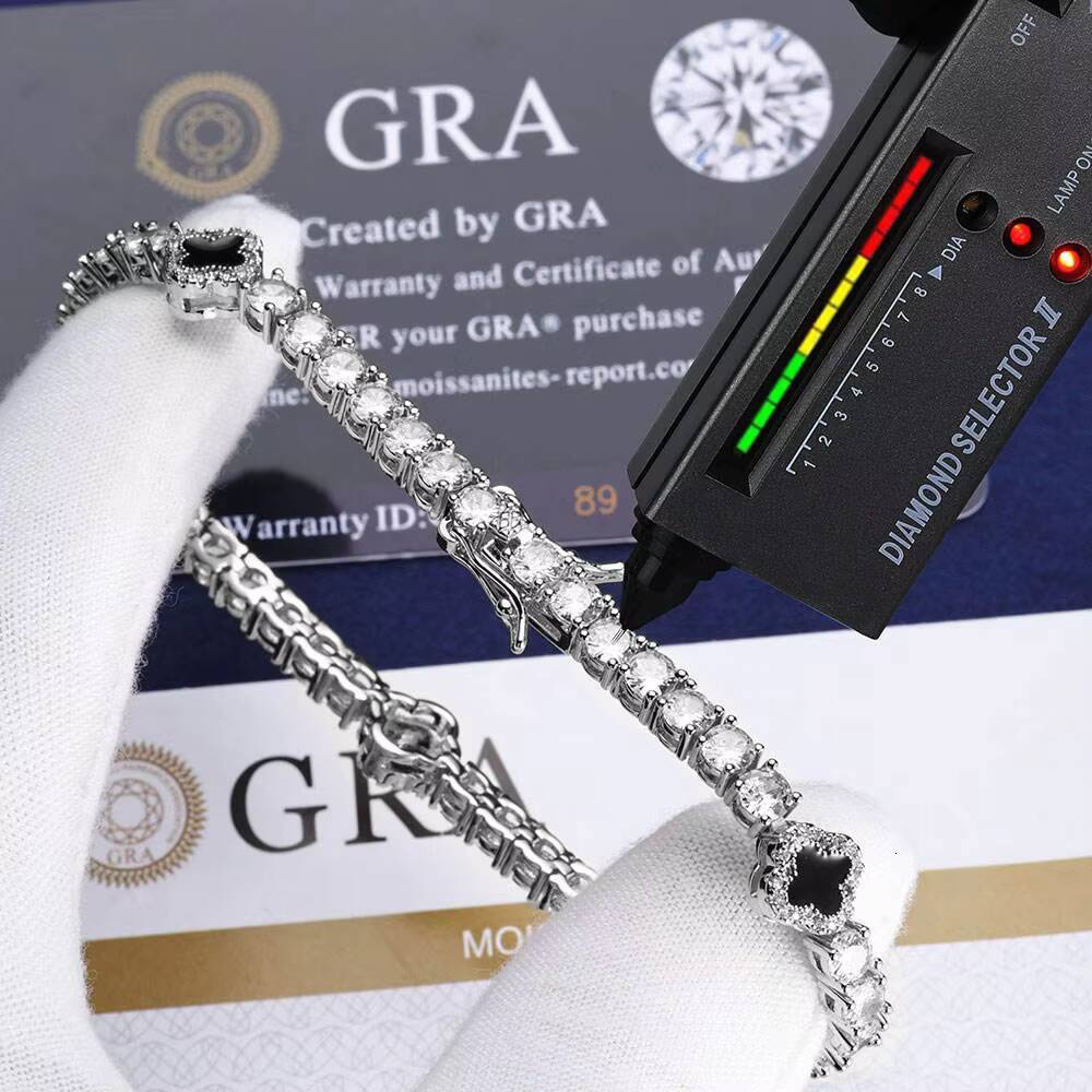 Hip Hop Fine Jewelry 4mm Iced Out Moissanite Tennis Chain Black Four Leaf Clover Tennis Chain Necklace for Men Women Gift