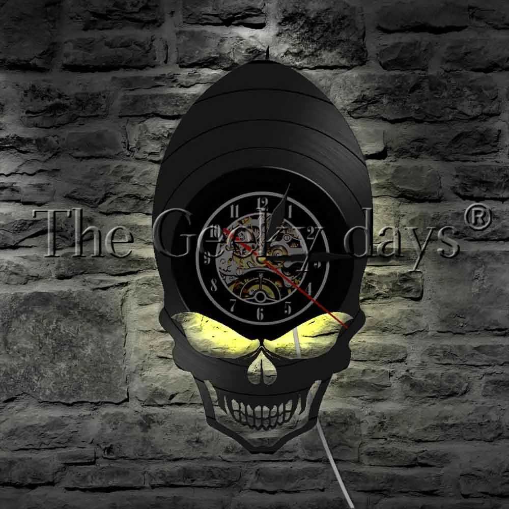 Alien Skull Vinyl Record Wall Clock Hippie Skull Wide Cheekbones Eyes Skeleton LED Night Light Halloween Horror Decor XJ250804