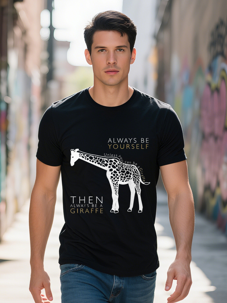 100% Cotton Men's Round Neck Short Sleeve 'Unless Can Become a Giraffe, You Will Always Be Yourself' Pattern Breathable All-Season Comf