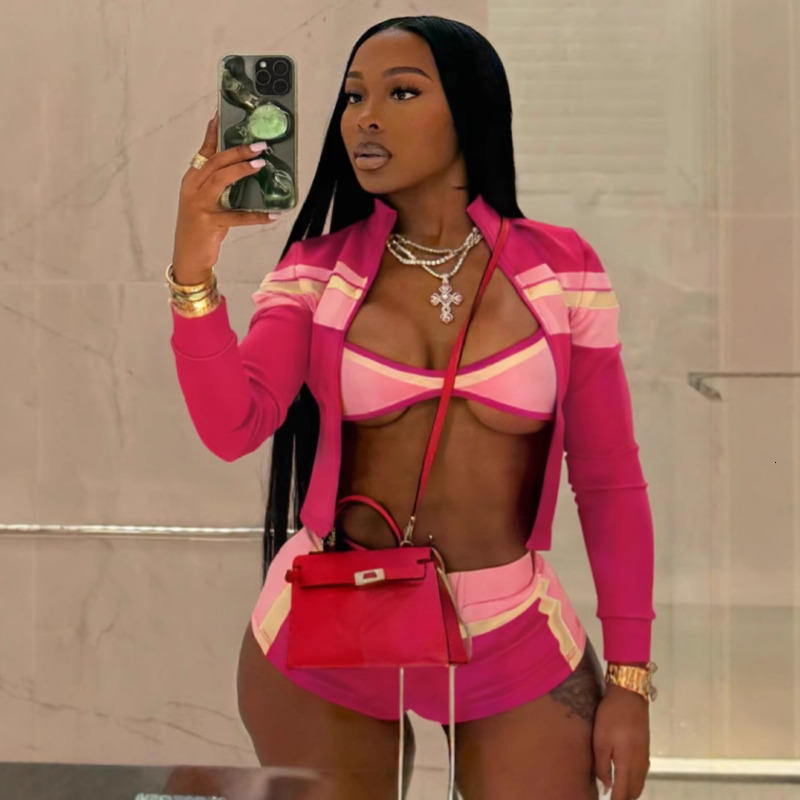 Women Tracksuits Three Pieces Set 2025 New Fashion Clothing Color Block Long Sleeve Off-shoulder Tie Hot Pants Sportwear