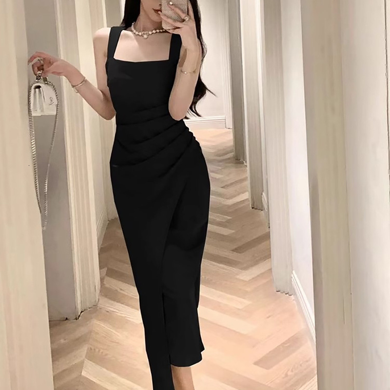 2025 Summer French Elegant Social High end Long Skirt fashion Summer New Slim Fit Slim Fit Square Neck Satin Dress New Designer Dress