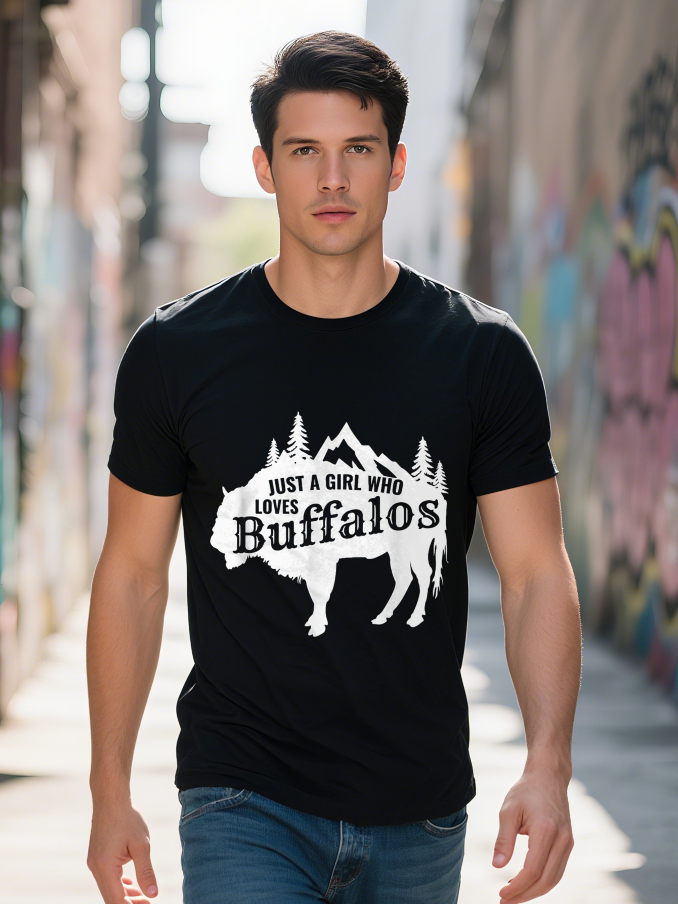 Men's - Funny Animal Graphic T-Shirt, Black and White Design, Casual Short Sleeve Shirt, Perfect Gift for Buffalo Enthusiasts, All-Season Clothin