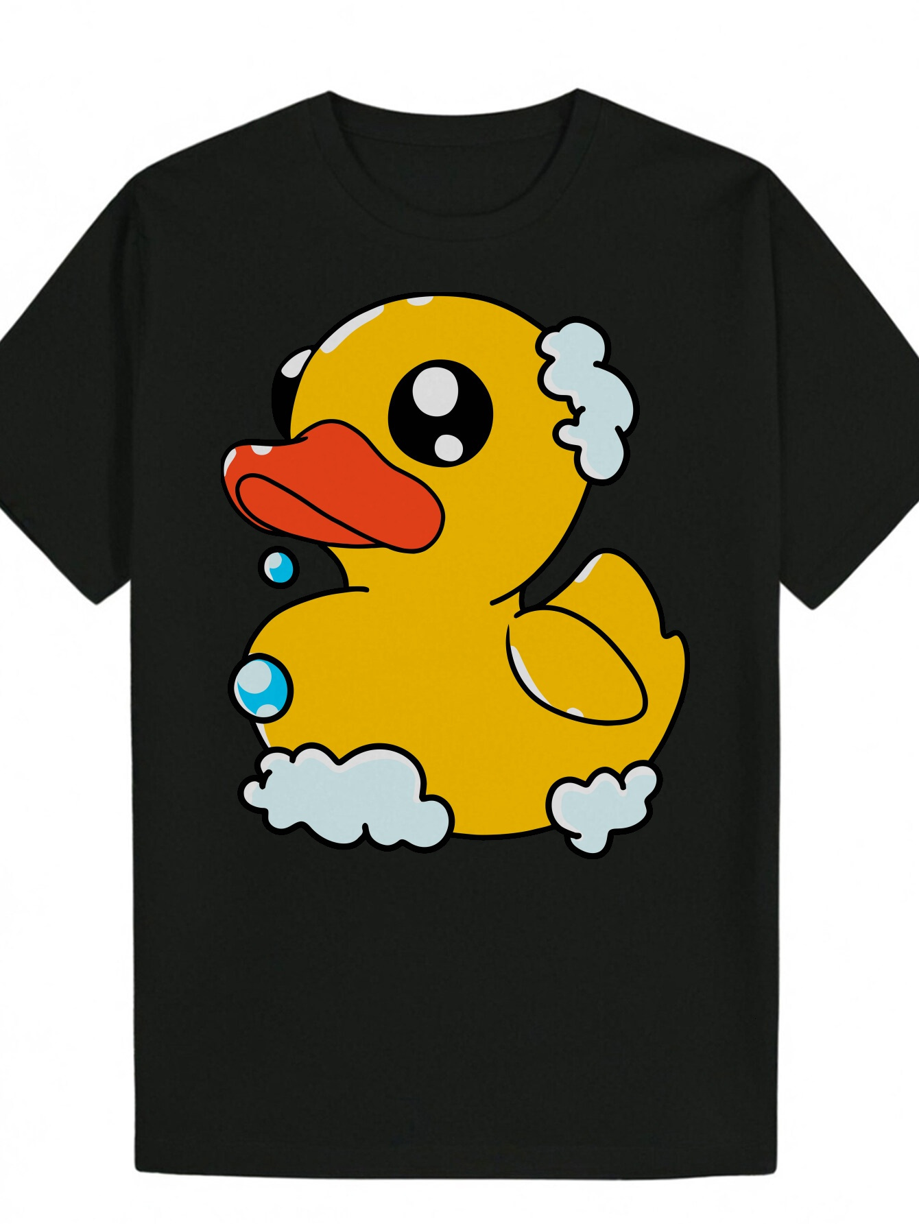 Men's Summer Round Neck T-Shirt - Soft Polyester, Black Color, Cute Yellow Duck Pattern, Lightweight and Breathable, Suitable for Casual Wear, Br