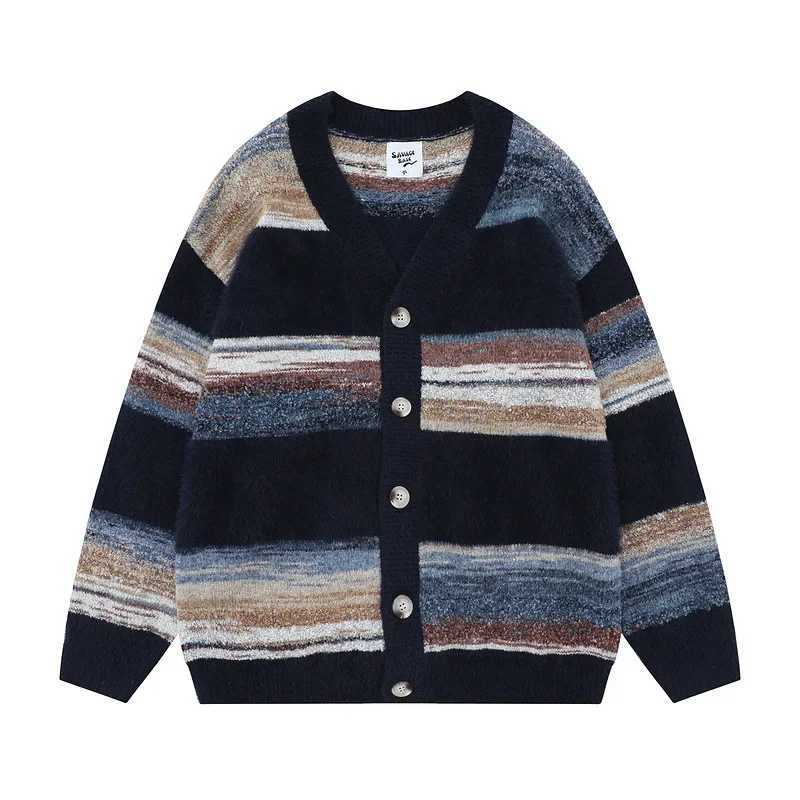 Striped Flat Knitted Cardigan Single Breasted Sweater Long Sleeve Jumpers Men O Neck Loose Fit Button Casual Slight Stretch XJ250805