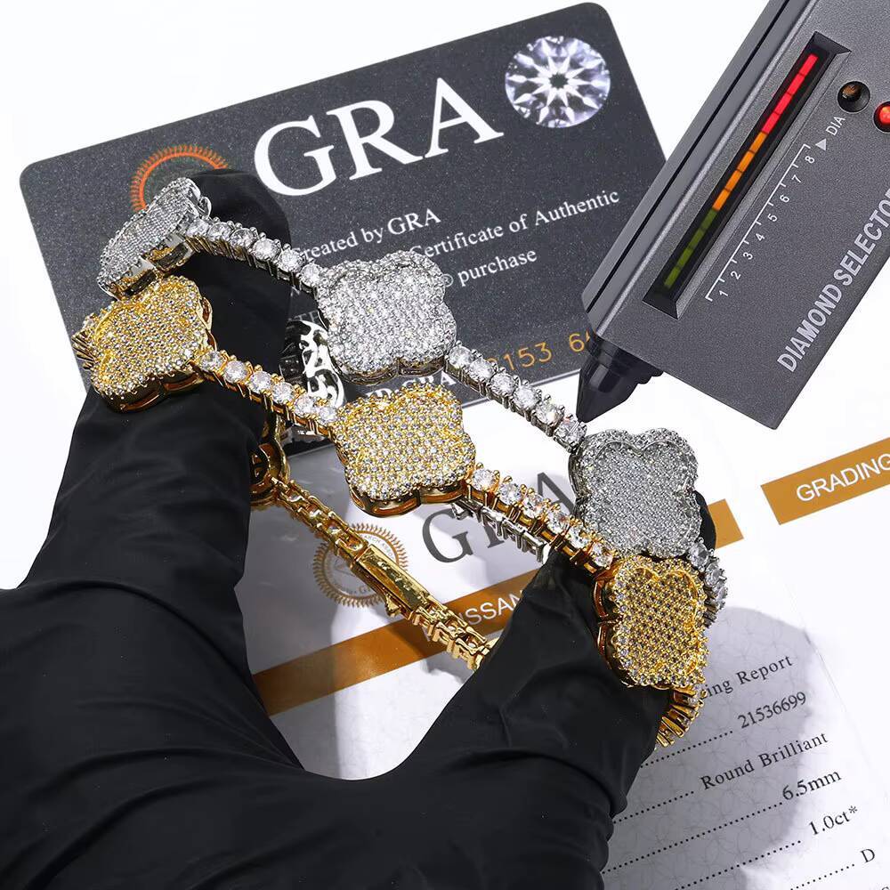 Hip Hop Four Leaf Clover Tennis Chain S925 Silver VVS Moissanite Cuban Men Bracelet Necklace Jewelry Iced Out Link Chain