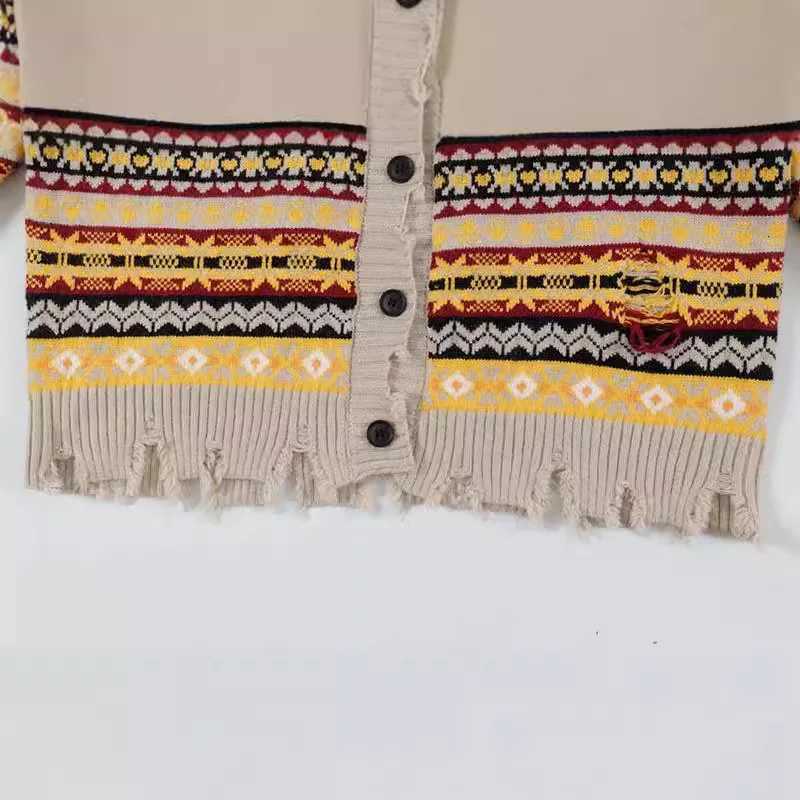 Retro Rainbow Striped Cardigan Sweater Mens Autumn New Trendy Su Outwear Y2k Knitwears Oversize Raw Edges Frayed Sweatercoat XJ250805