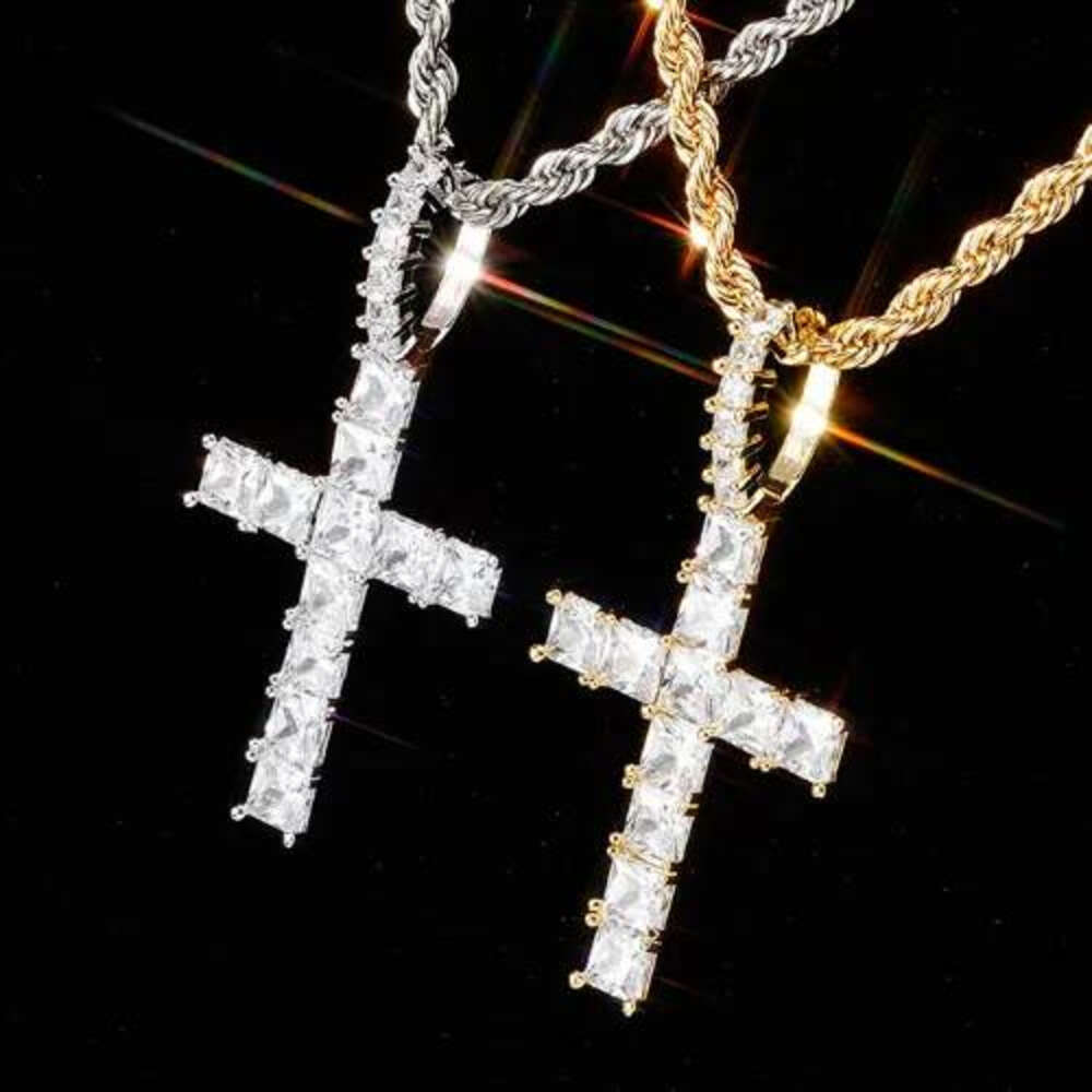 personalized Vintage Rose Gold Blingbling Dia Iced Out Cross Pendant Chain Necklace Square Cubic Zirconia Jewelry Gift For Men Women