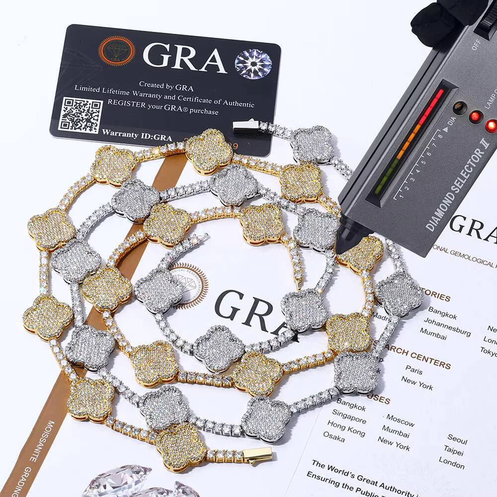 Hip Hop Four Leaf Clover Tennis Chain S925 Silver VVS Moissanite Cuban Men Bracelet Necklace Jewelry Iced Out Link Chain