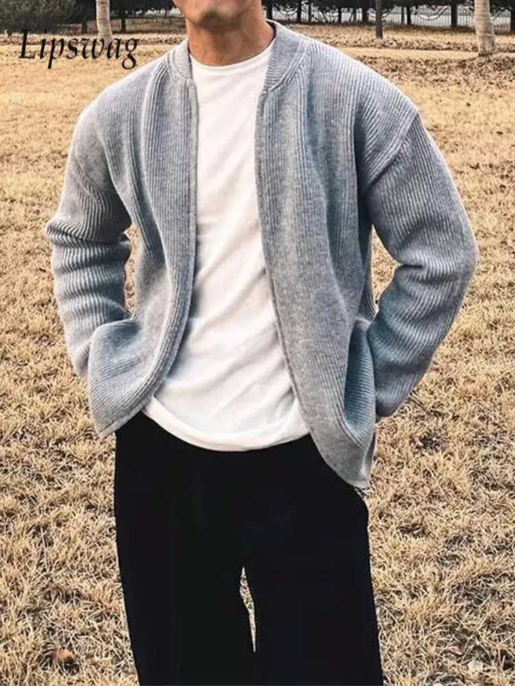 Outdoor Casual Solid Color Knitted Mens Jacket Autumn Fashionable Slim Fit Zip-Up Cardigan Tops Mens Vintage Long Sleeve Coats XJ250805