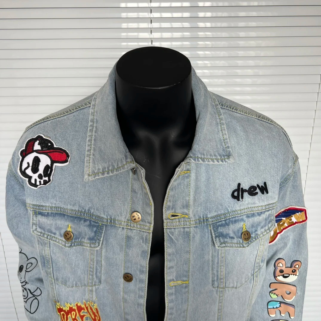 Drew House Smiling Printing logo Men's Clothing autumn and winter designer niche American retro print loose denim jacket Coats