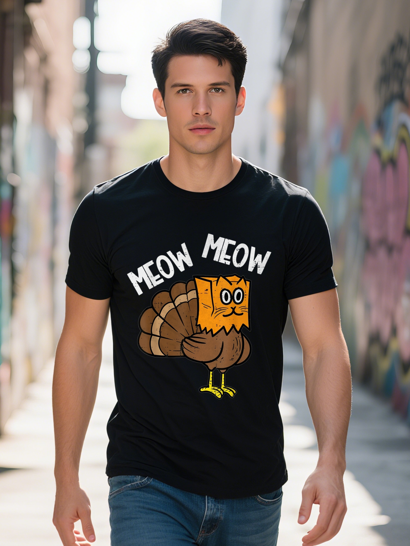 Turkey Paper Bag Meow Funny Thanksgiving Cat Men's T-Shirt - 220g f5c19