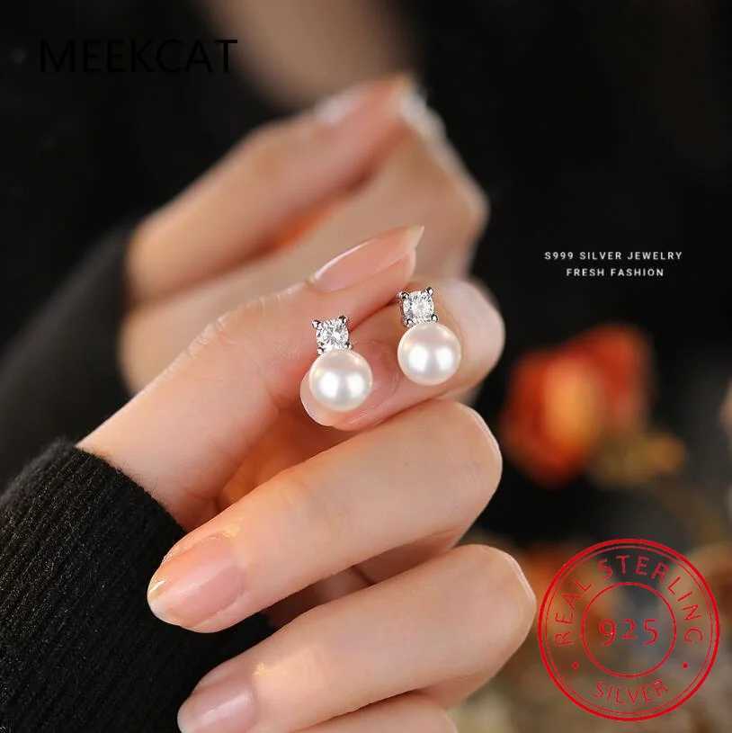 925 Sterling Silver Zircon Bead Freshwater Pearl Stud Earrings for Women Trendy Fine Jewelry Minimalist Accessories Y250804