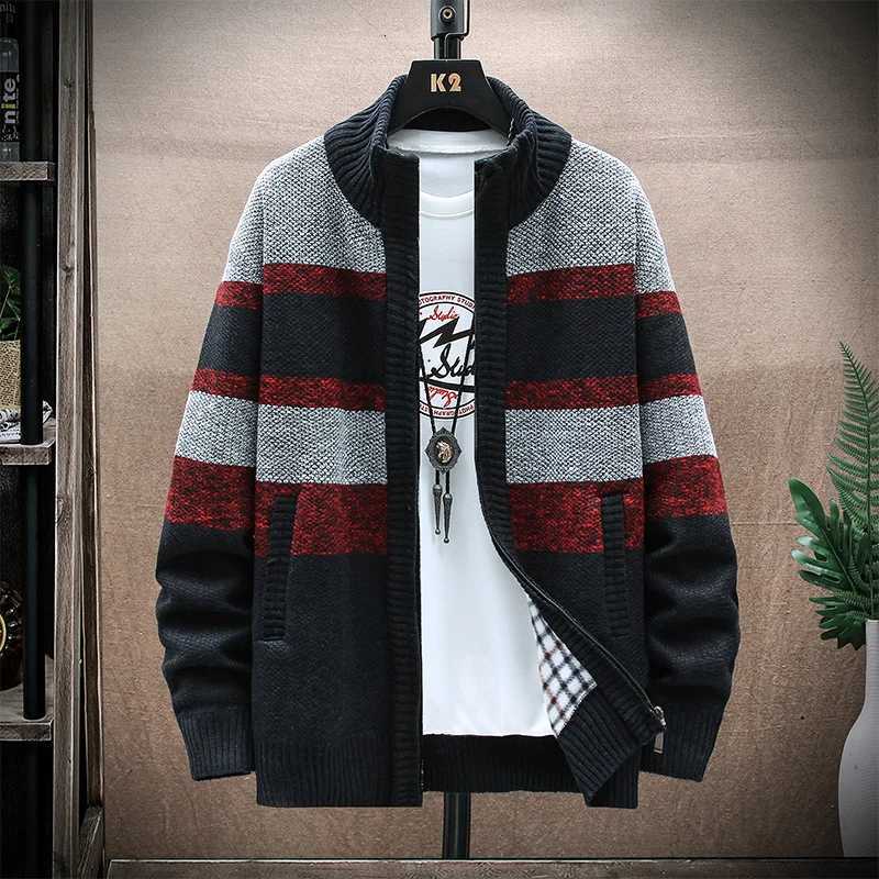 Mens Winter Striped Sweater Cardigan Patchwork Thick Warm Sweaters Coat Fleece Thick Warm Knitwear Zip Up Coat Mens Jacket XJ250805
