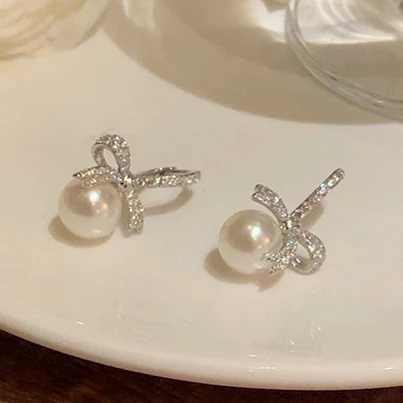 925 Sterling Silver Needle Zircon Pearl Bowknot Hoop Earrings for Women Cute Fashion Jewelry Minimalist Accessories Y250804