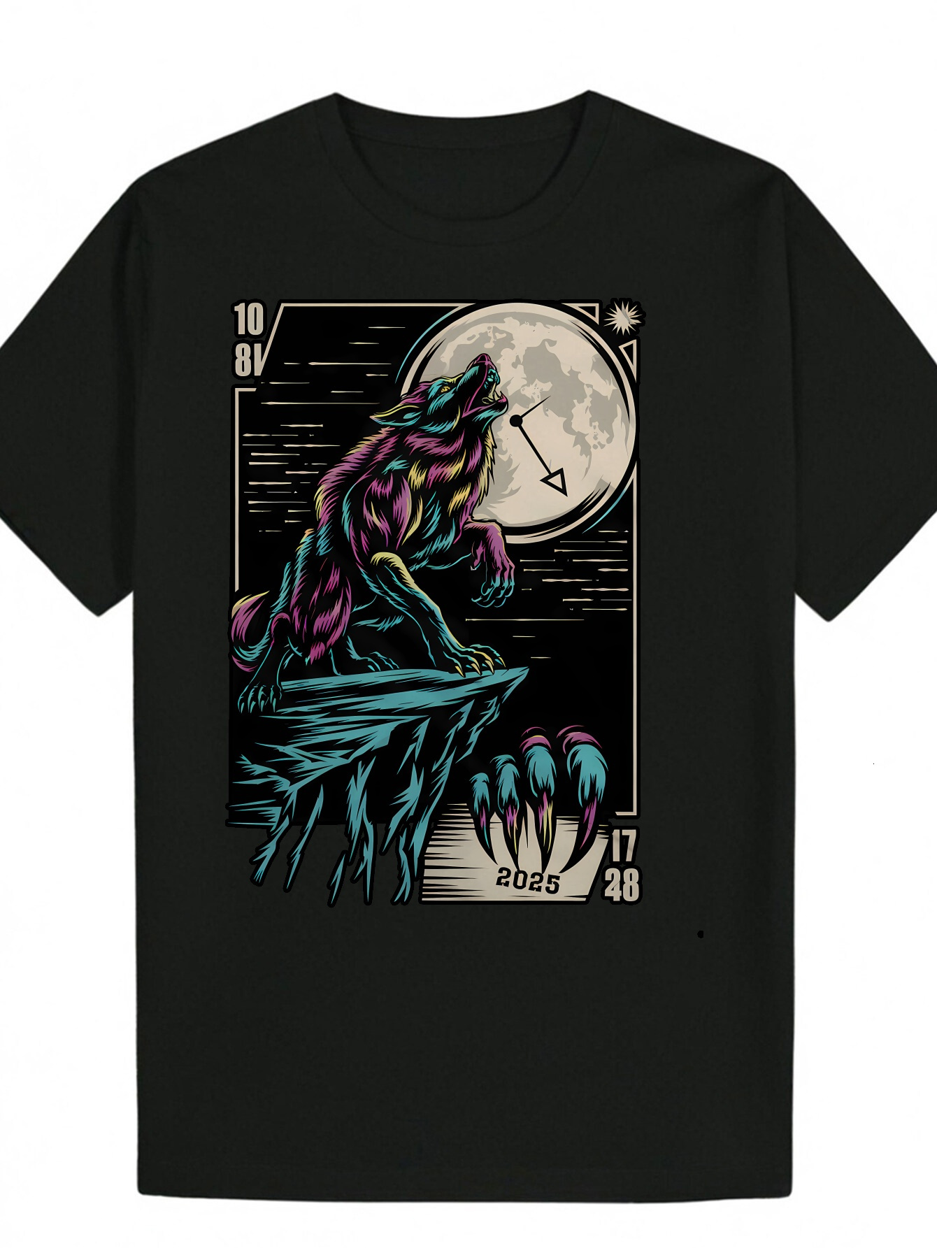 Men's Summer Casual Graphic T-Shirt - Black Wolf Moon Pattern, 100% Polyester, Lightweight and Breathable, Regular Fit, Machine Washable 3a812