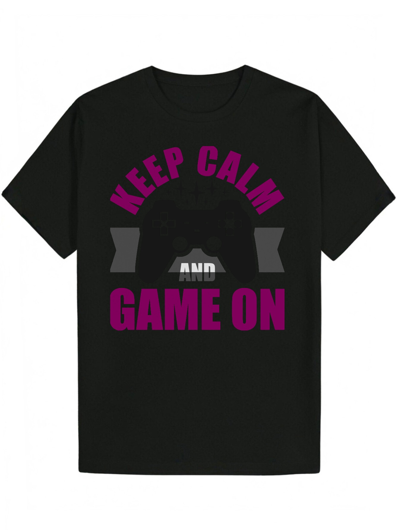 Men's Graphic T-Shirt - Keep Calm, Game Design, Black with Purple Print, 100% Polyester, Lightweight and Breathable, Regular Fit, Machine Washabl
