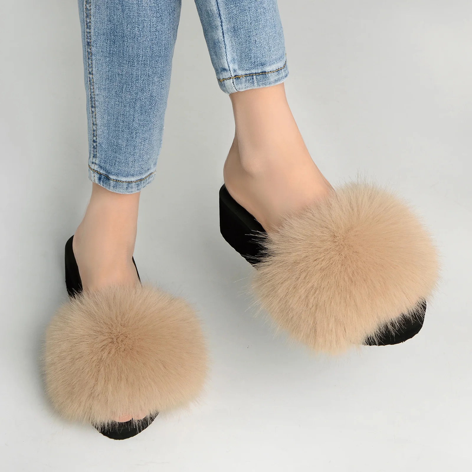 Style WomenS Furry Fur Slippers Fake Fox Fur Fluffy Sandals Summer Non-Slip Open-Toed Indoor Sandals 250814
