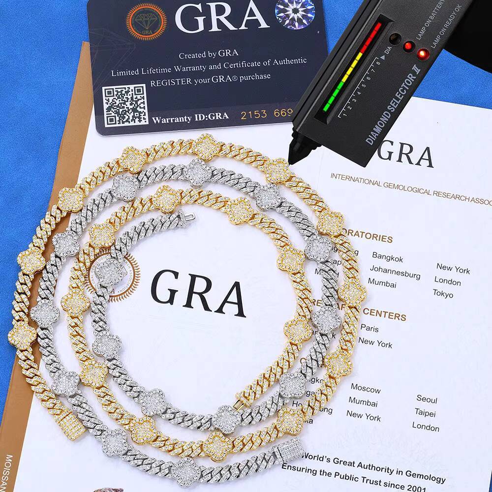 925 Sterling Silver Cuban Link Chain for Men Four-Leaf Clover VVS D Moissanite Pendant Iced Hip Hop Tennis Style Gift Box