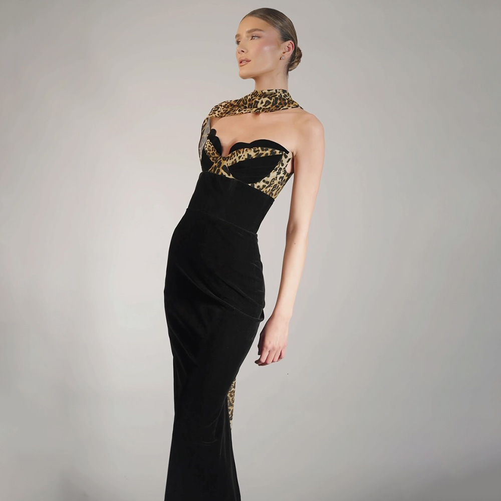 2025 new European and American women's S fashion black leopard print satin ribbon spliced velvet fashion strapless dress slim and sexy dress new 