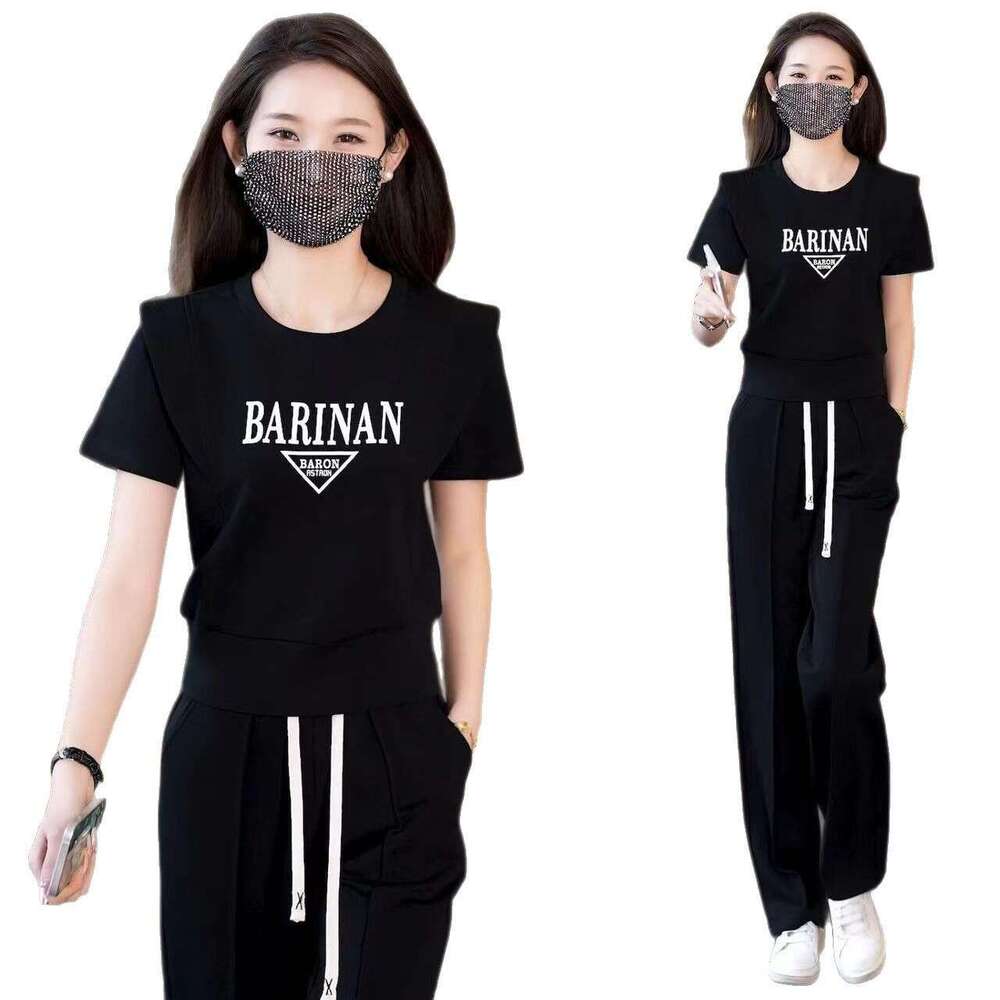 2025 New Fashion Women's Summer Tracksuit Short Sleeve Long Pants Elegant Youthful Casual Two-Piece Set