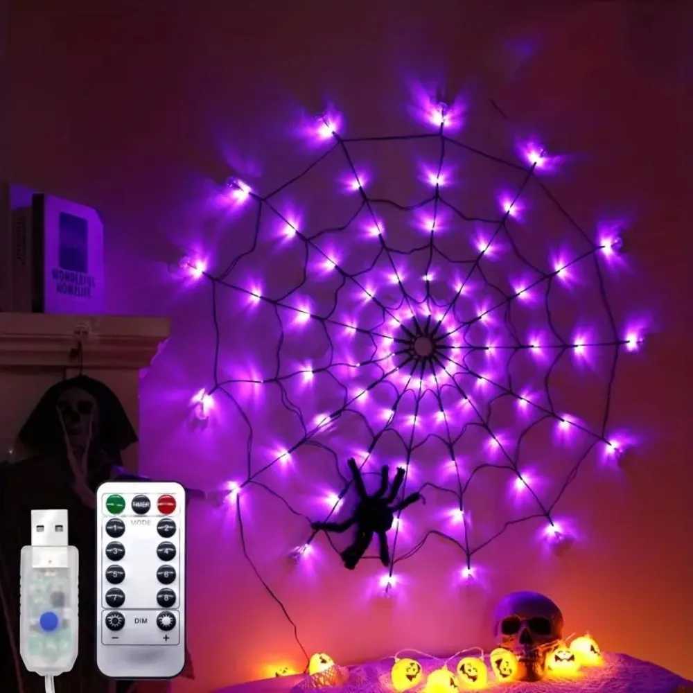 1PC 70LED Halloween Remote Control USB Spider Web Light String 8 Remote Control Modes Used for Holiday Party Decoration XJ250804