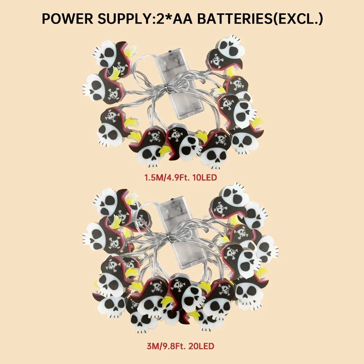 1pc Halloween Pirate Skull String Light 10/20LED Hanging Atmosphere Lamp For Home Haunted Houses Indoor Festival Party Decoration XJ250804