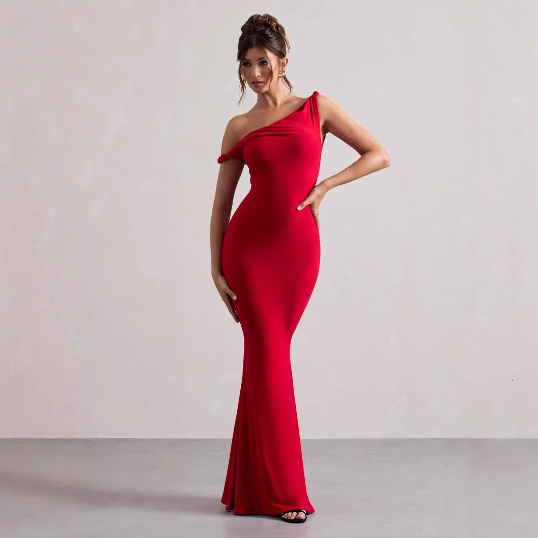 2025 Summer New Women's S Fashion Sexy Off trend Shoulder Twisted Slim Solid Color Dress New Designer Dress