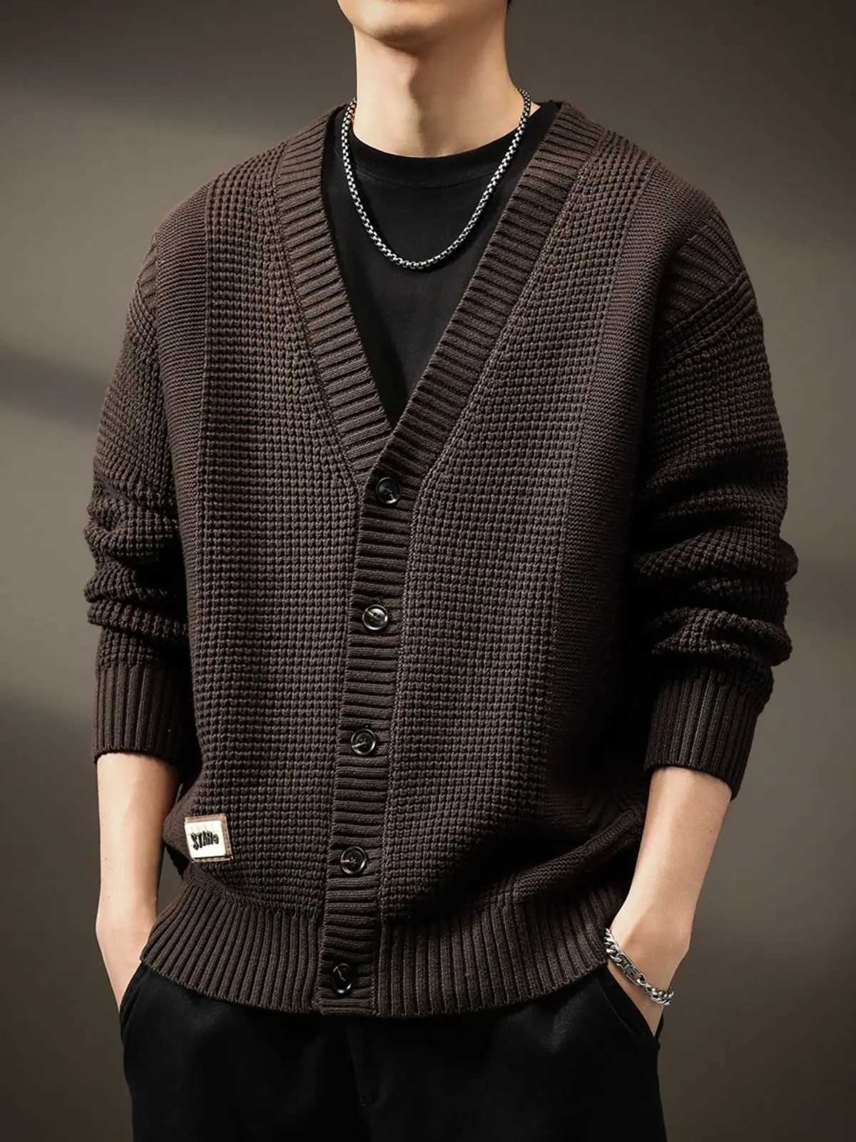 2025 Fashion Mens Knitted Cardigan Sweater Autumn Winter V-neck Solid Color Coat Coffee Single Breasted Men Korean Mens ClothingXJ250805