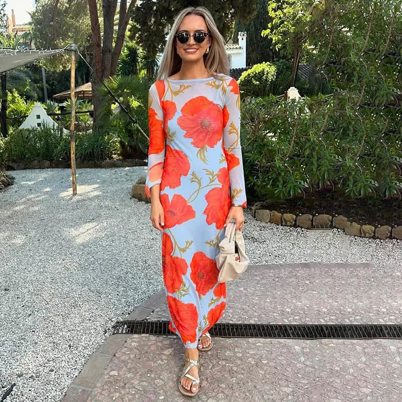 Blifanbo Print Flower Elegant Maxi Dress Women O Neck Fashion Long Sleeve Slim Sexy Print Patchwork Female Holiday Long Dress 250728