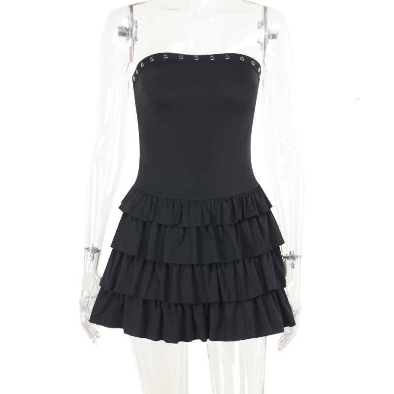 2025 Summer New Sweet fashion and Spicy Personalized Solid Color Off Shoulder Metal Hole Multi layer Ruffle Dress New Designer Dress