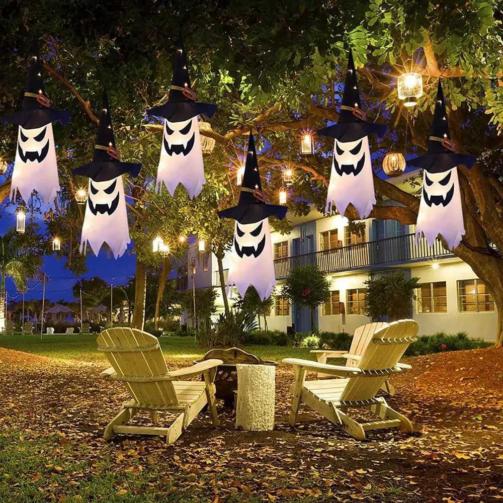 Garden Flashing LED Indoor Outdoor Halloween Decoration Glowing Ghost Witch Hat Hanging Light XJ250804