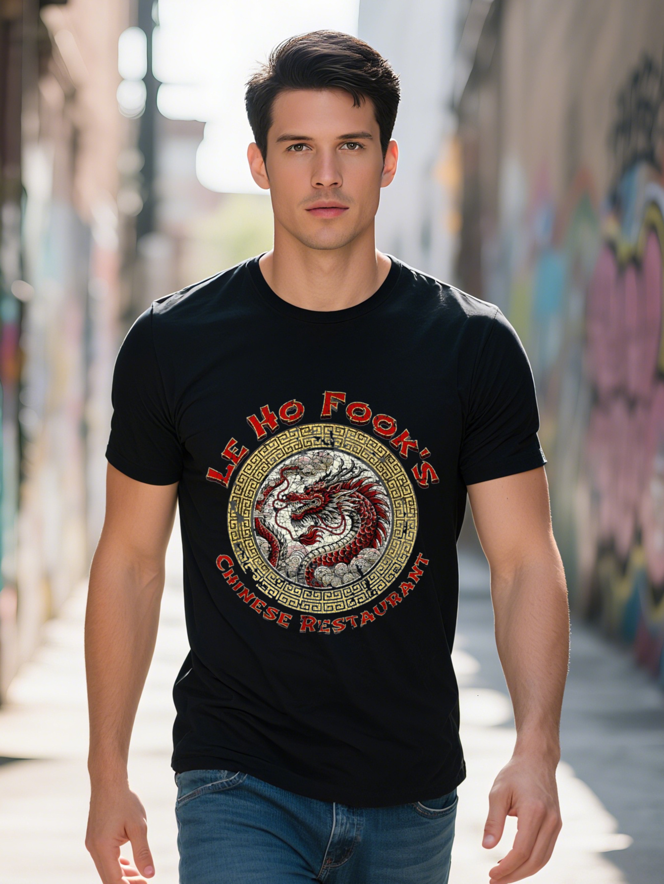 Men's 220g T-Shirt - Lehefu Home Chinese Restaurant Music Inspired Vintage Cartoon Dragon and Pattern T-Shirt, Casual Short Sleeve Round Neck Eve