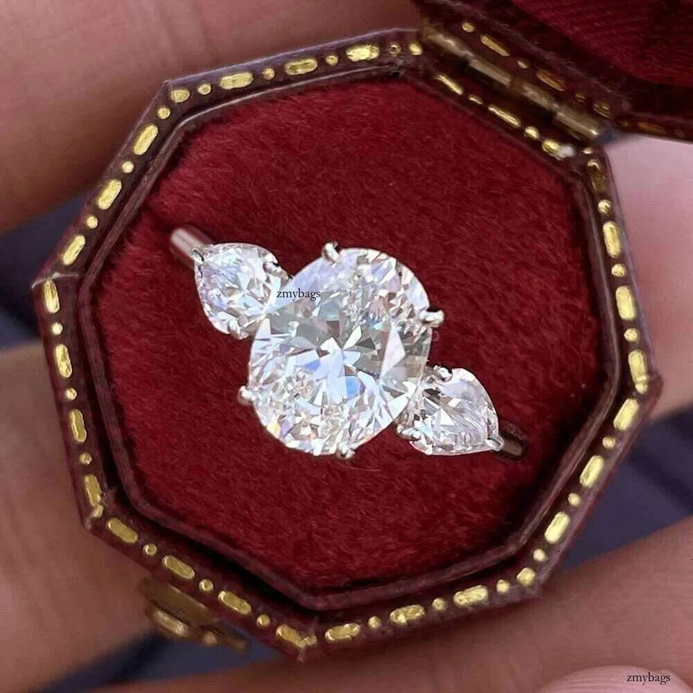 3/8carat Oval Full Moissanite Engagement Ring with Pear Cut Lab Dia Sterling Sier 3-stone Wedding Rings for Women