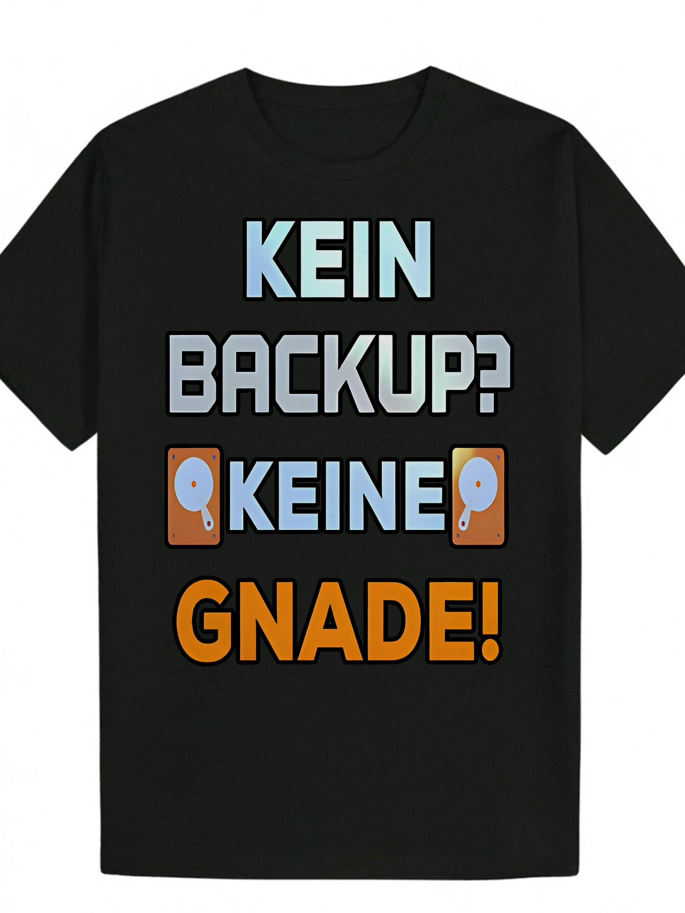 Men's Summer Casual Graphic - Pixelated 'KEIN BACKUP? KEINE GNADE' Design, Black Polyester Crew Neck T-Shirt, Machine Washable Regular 