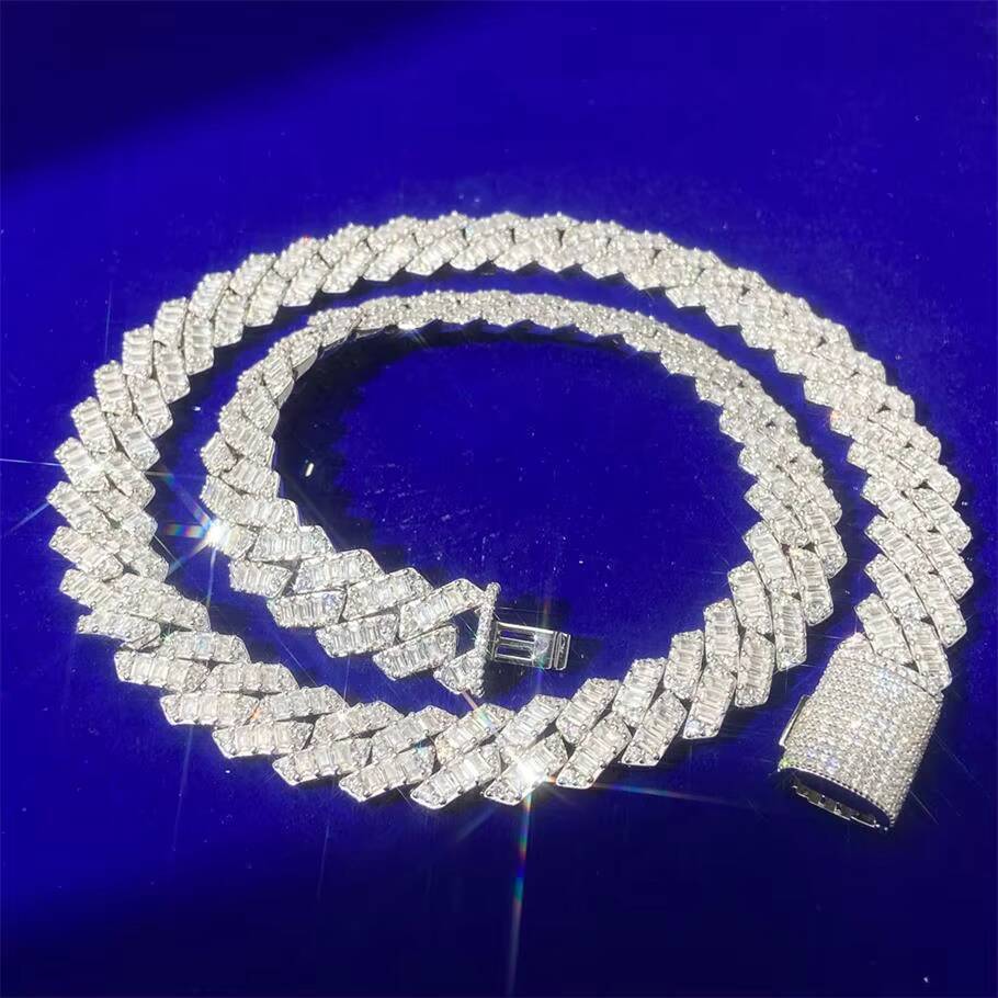 Wholesale Custom Mens 14mm Width 925 Silver Double Row Hand Setting Miami Zircon Cuban Necklace