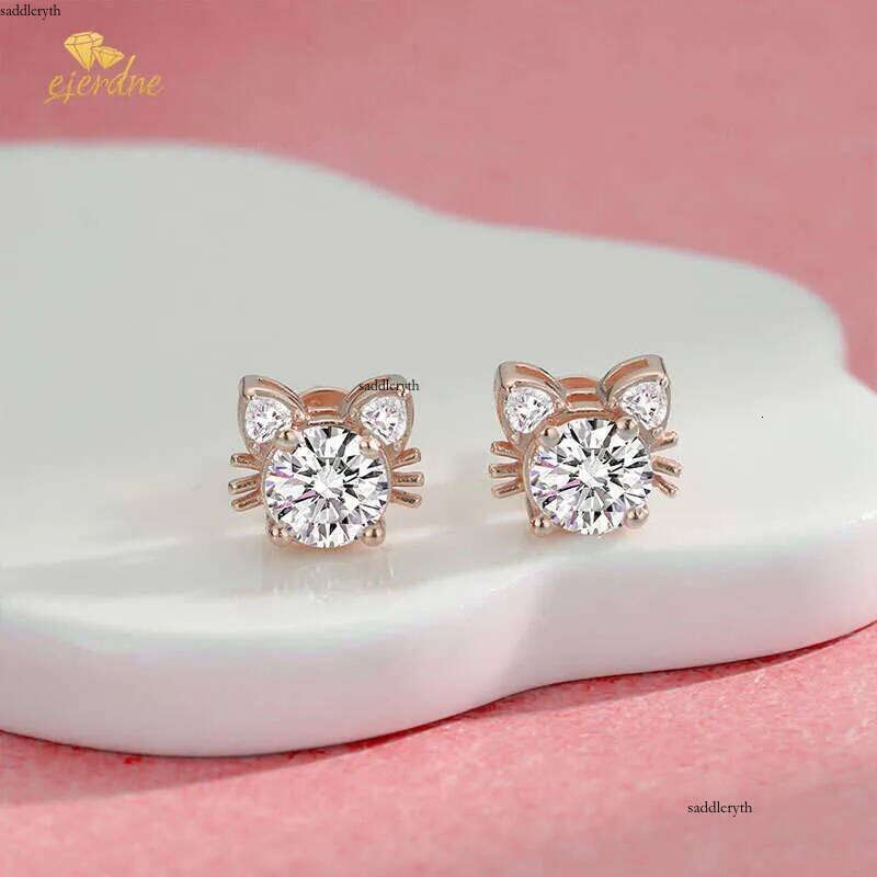 Cosplay ear studs,kitten moissanite stud earrings,S real sterling sier rose gold cat shape Earring Hypoallergenic, Pass dia tester with GRA