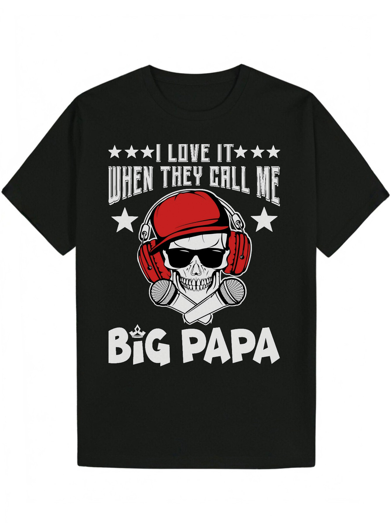 Men's Summer Pattern T-Shirt - 'Big PAPA' Skull with Headphones and Stars Design, Black Polyester Crew Neck T-Shirt, Machine Washable, 