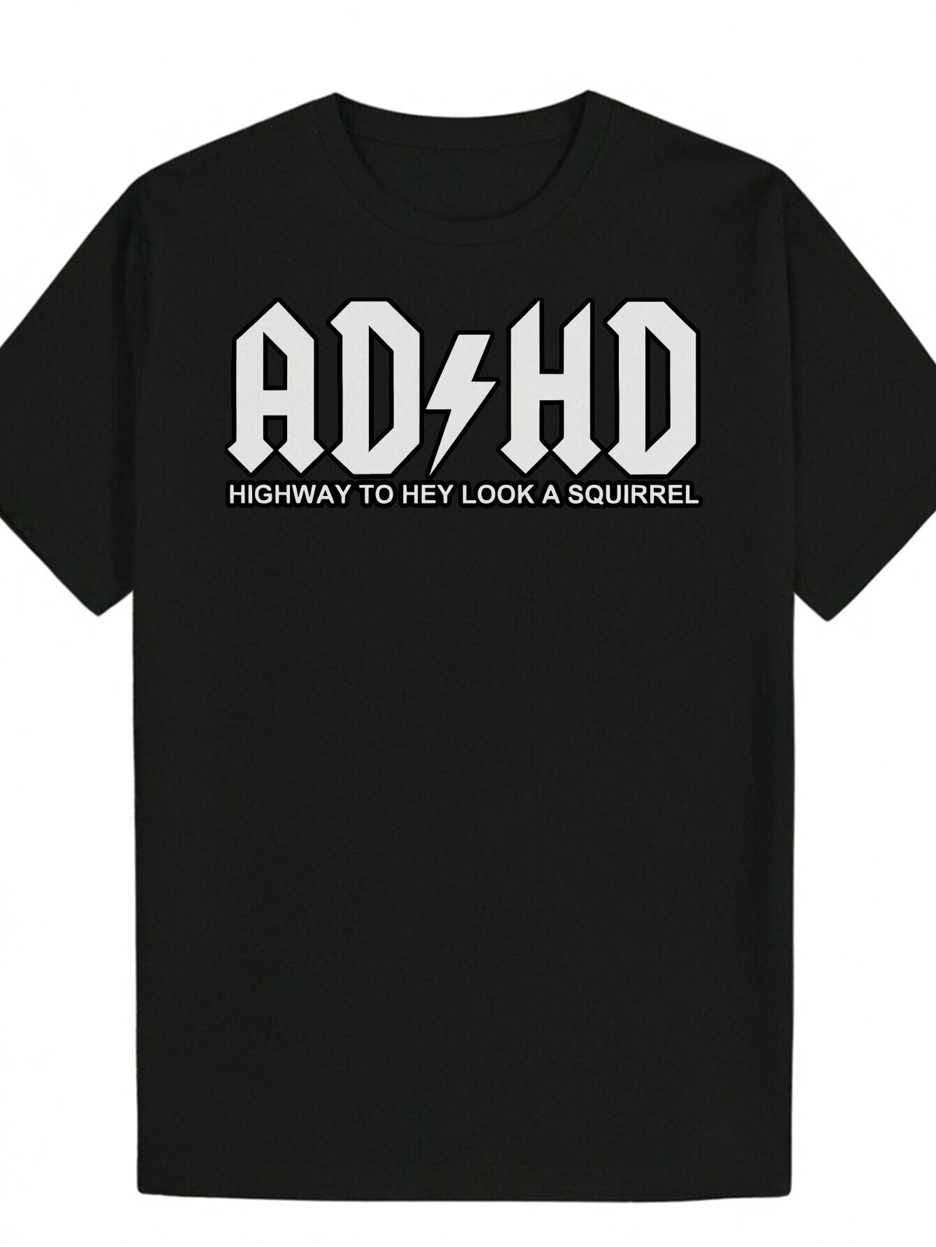 Men's ADHD Pattern - Black Summer Round Neck Polyester T-Shirt with Eye-catching White Font, Lightweight and Breathable, Suitable for Casual Wear