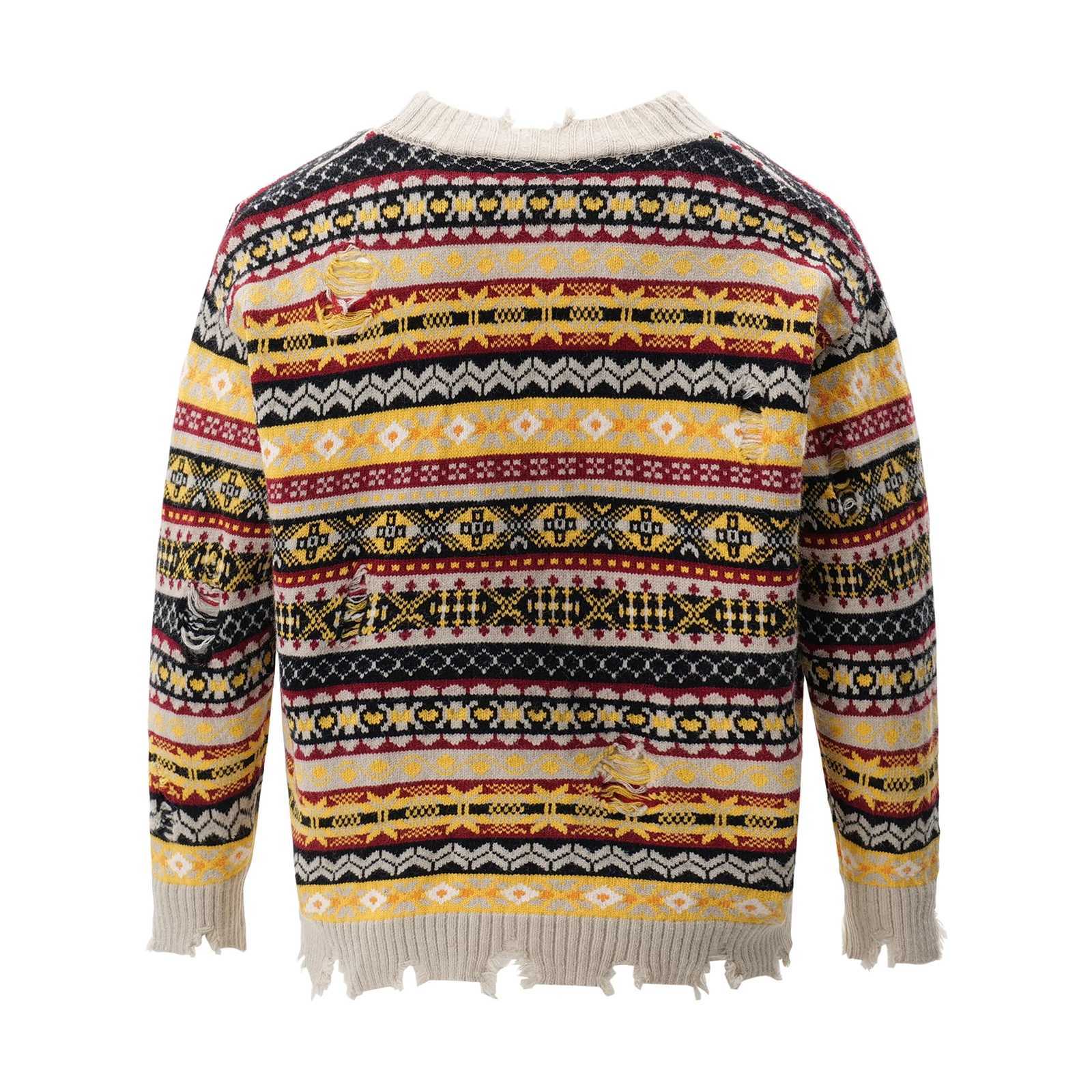 Retro Rainbow Striped Cardigan Sweater Mens Autumn New Trendy Su Outwear Y2k Knitwears Oversize Raw Edges Frayed Sweatercoat XJ250805