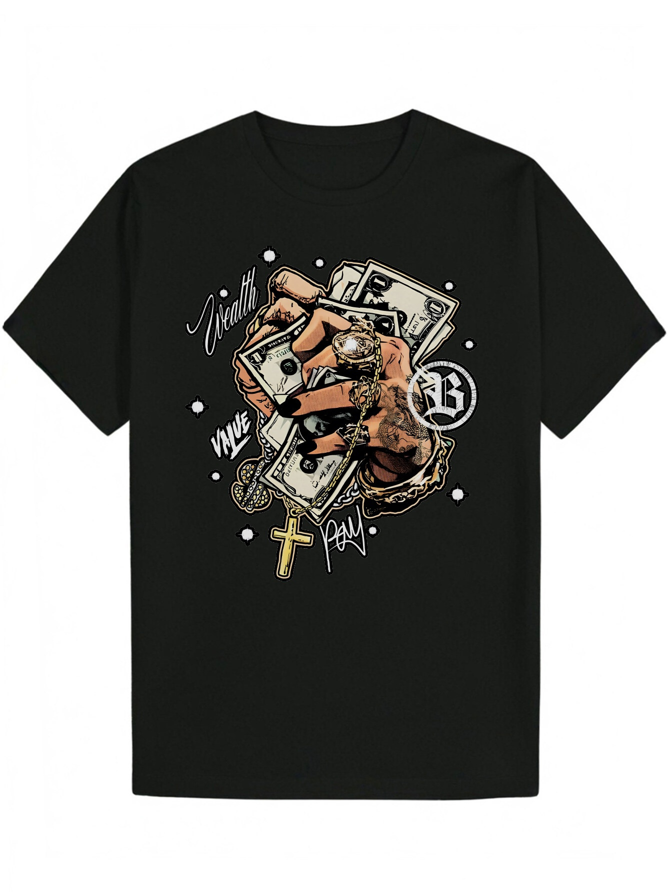 Men's Summer T-Shirt with Complex Design - Black Polyester, Crew Neck, "Vine" and "Peace" Print, Casual Wear Tattoo Shirt | P