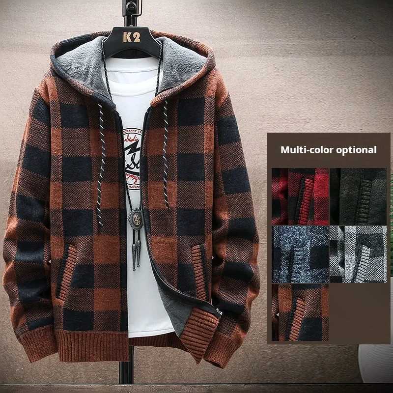 Mens Plaid Sweater Hooded 2024 New Winter Cardigan Coat Wool Zipper Jacket Autumn Fleece Warm Clothes Checkered Knit Jumper XJ250805
