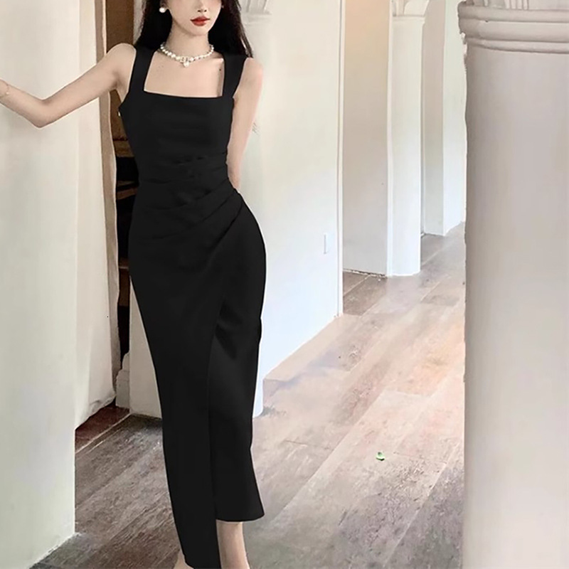 2025 Summer French Elegant Social High end Long Skirt fashion Summer New Slim Fit Slim Fit Square Neck Satin Dress New Designer Dress