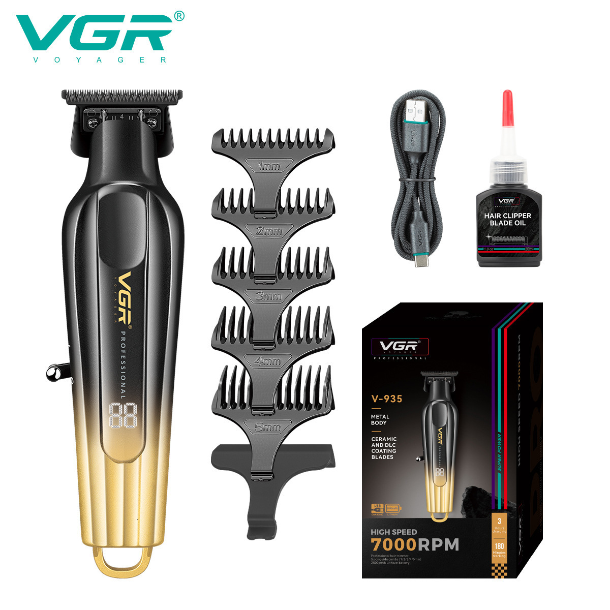 VGR935 New Metal Electric Clipper LCD Display Mens Electric Rechargeable Gradient Color Carving Hair Clipper 240703