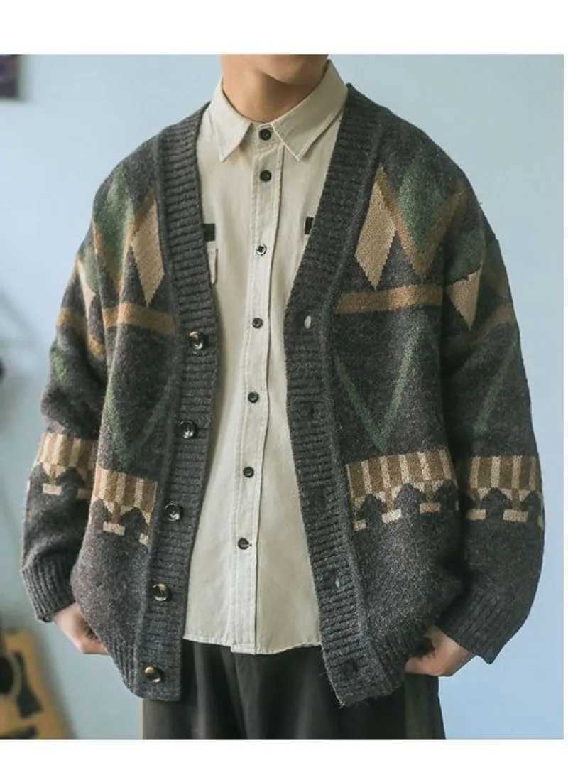 New Mens England Style Single Breasted Cardigan for Autumn and Winter Vintage Loose Color Block Knitted V-neck Cardigan for Men XJ250805