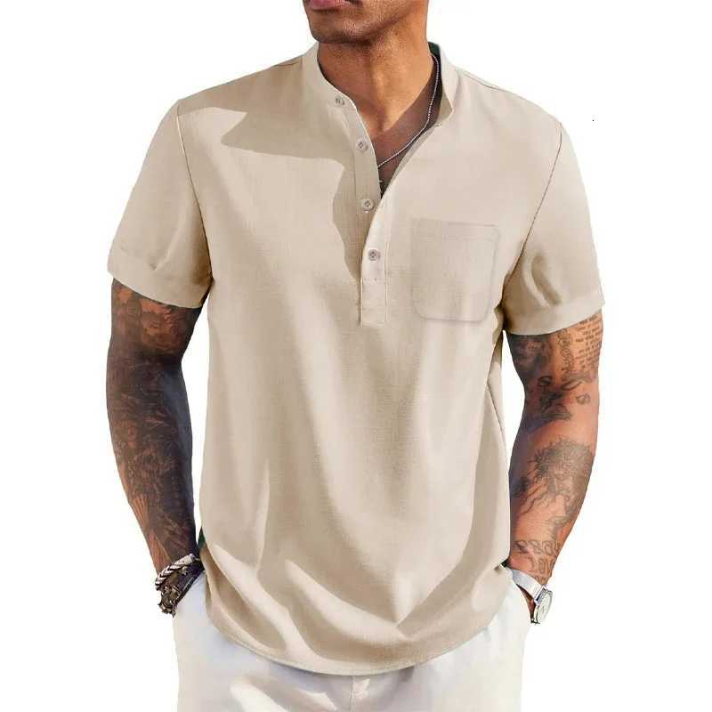 Summer Mens Cotton Linen T-Shirt Henley Neck Pocket Casual Lightweight Breathable Beach Shirt Solid Color Basic Style Tops W250805