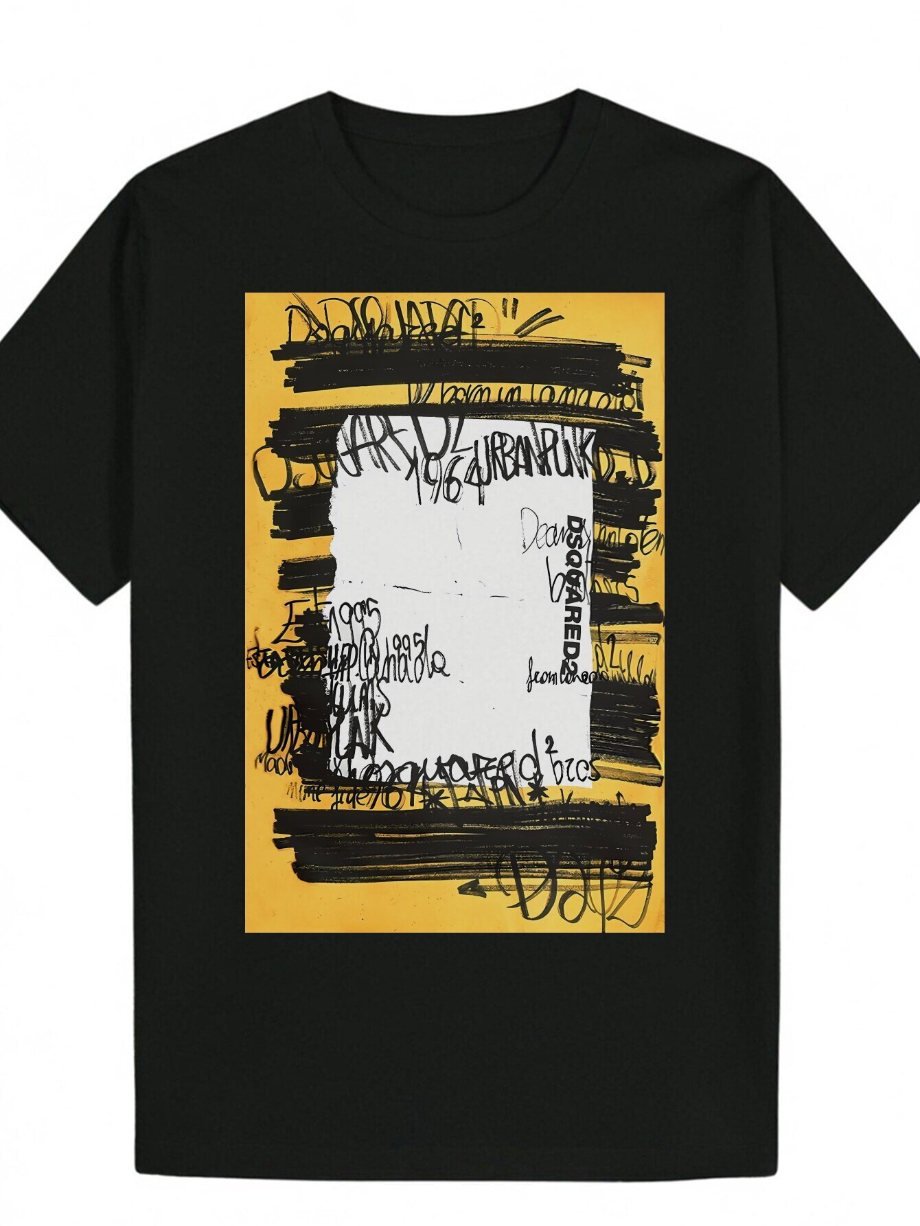 Men's T-Shirt - Black with Yellow Brush Print, 100% Lightweight 180gsm, Crew Neck Regular Fit, Machine Washable, Summer Casual Wear Bold Pattern 