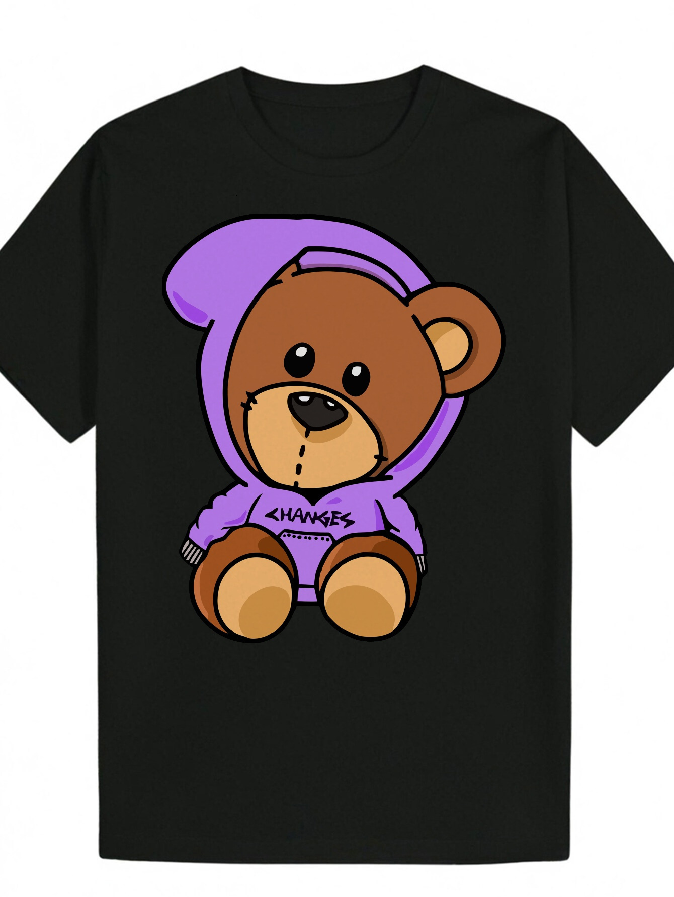 Men's Summer Short Sleeve T-Shirt with Cartoon Bear Pattern and CHANGERS Print - Black Polyester Crew Neck T-Shirt, Machine Washable, Suitable fo
