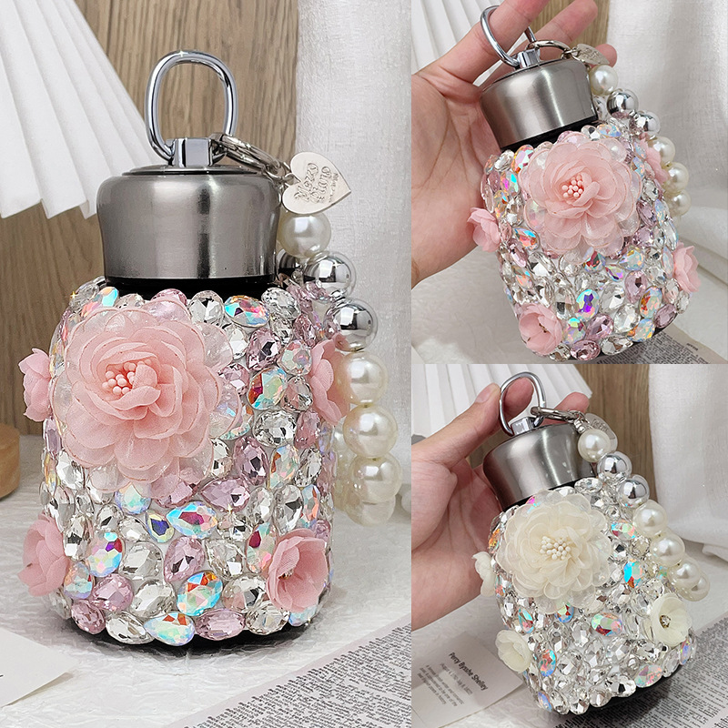 Designer Flower Water Bottle Luxury Crystal Double Wall Vacuum Reusable Coffee Cups Travel Mug Stainless Steel Insulated Thermos Tumbler with Handle Pearls 10oz