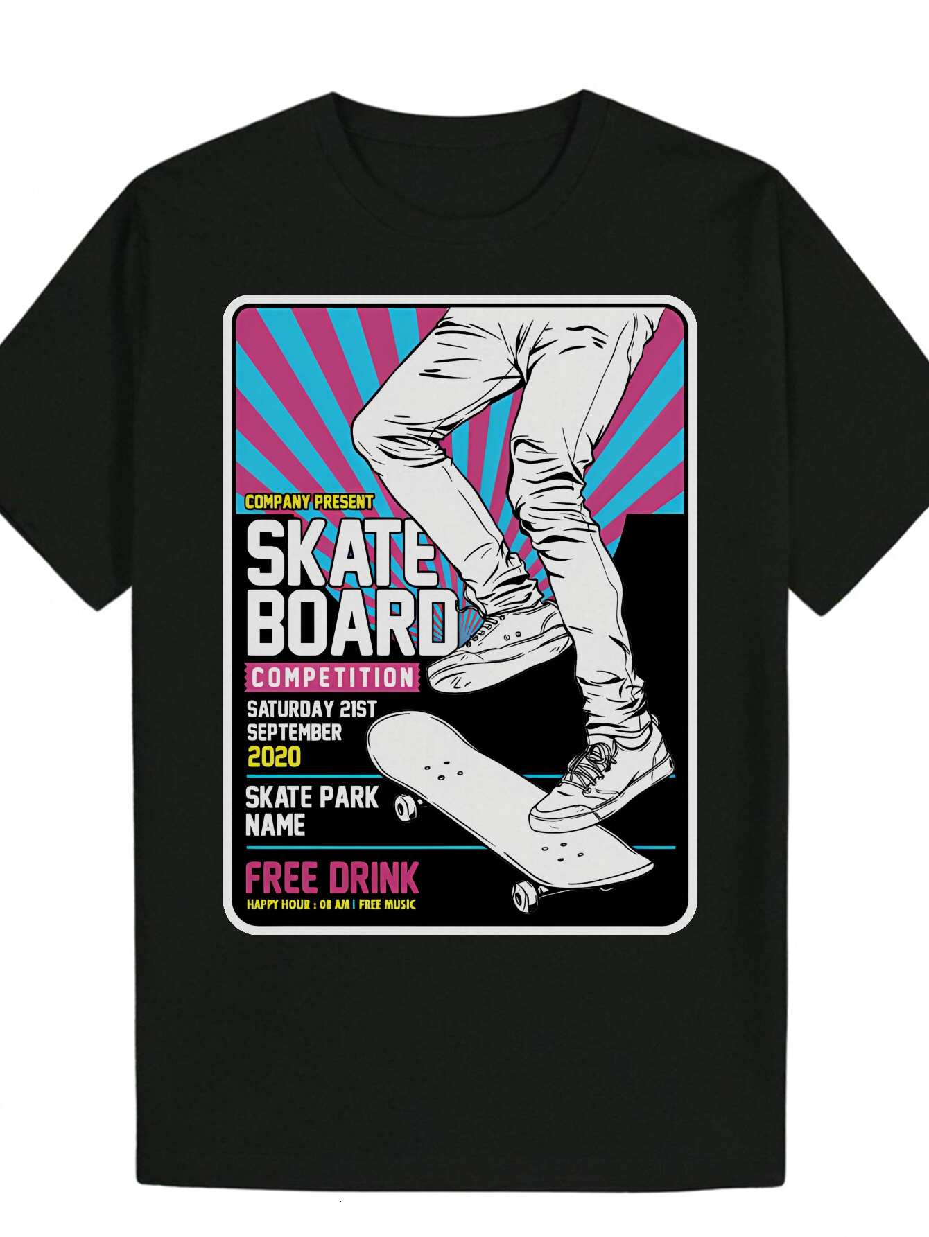 Men's Summer Pattern T-Shirt - Black Polyester Crew Neck with Competition Design, Bright Colors, Dynamic Skateboard Illustration, Lightweight and