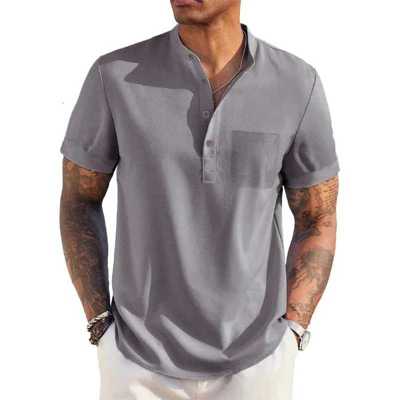 Summer Mens Cotton Linen T-Shirt Henley Neck Pocket Casual Lightweight Breathable Beach Shirt Solid Color Basic Style Tops W250805